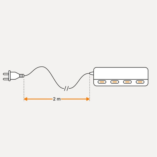 Strichzeichnung: Netzteil (Power Adapter) von Benago Lights mit vier USB-C-Anschlüssen