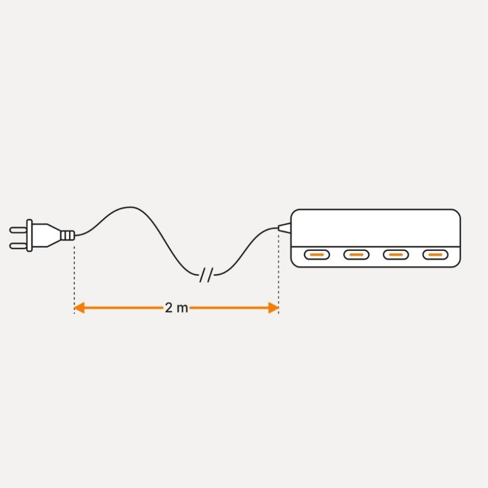 Strichzeichnung: Netzteil (Power Adapter) von Benago Lights mit vier USB-C-Anschlüssen