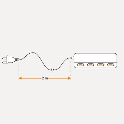 Strichzeichnung: Netzteil (Power Adapter) von Benago Lights mit vier USB-C-Anschlüssen