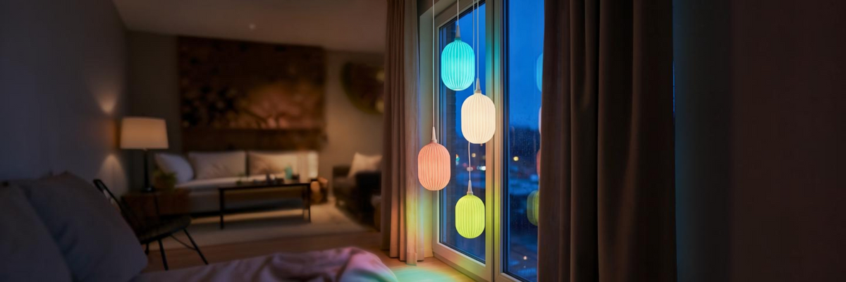 Bunte Ronic Lampenschirme von Benago Lights in Türkis, Weiß, Koralle und Lindgrün hängen am Abend vor einem Fenster in einem gemütlichen Wohnzimmer